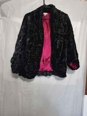 Chico's Black Faux Fur Teddy Jacket with Hot Pink Lining